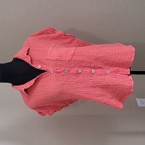 Just Living Cotton Button Down Short Sleeve Coral Top Size Large